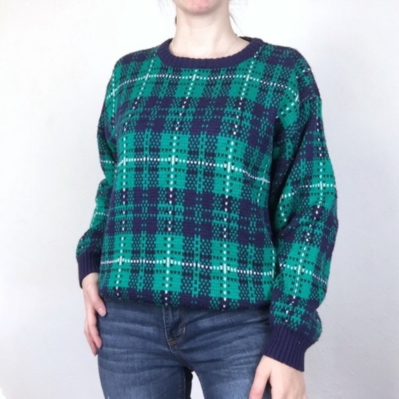 Vintage blue and green plaid cozy sweater size small retro grandpa holiday - Picture 4 of 4